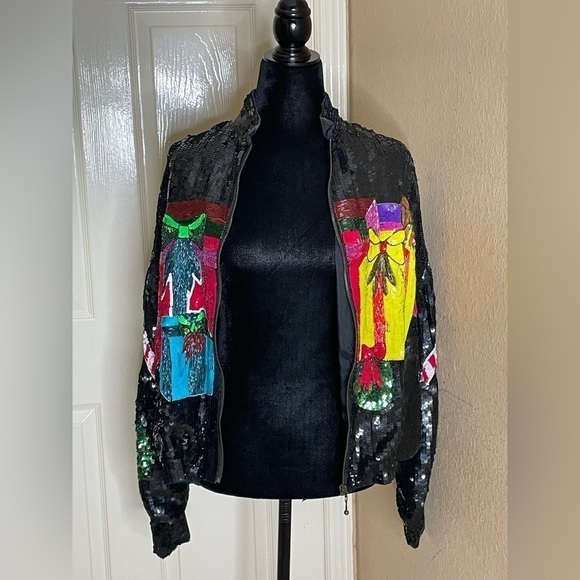 Vintage  Christmas Bomber Jacket Med  Silk Sequined All Over Party​​​​​​​​​​​​​​ - Picture 3 of 11